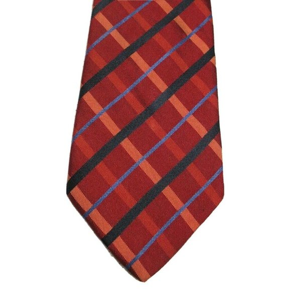 La Vita Di Moda Neck Tie 100% Silk Italian Red Black Blue Criss Cross Stripes - Picture 1 of 3